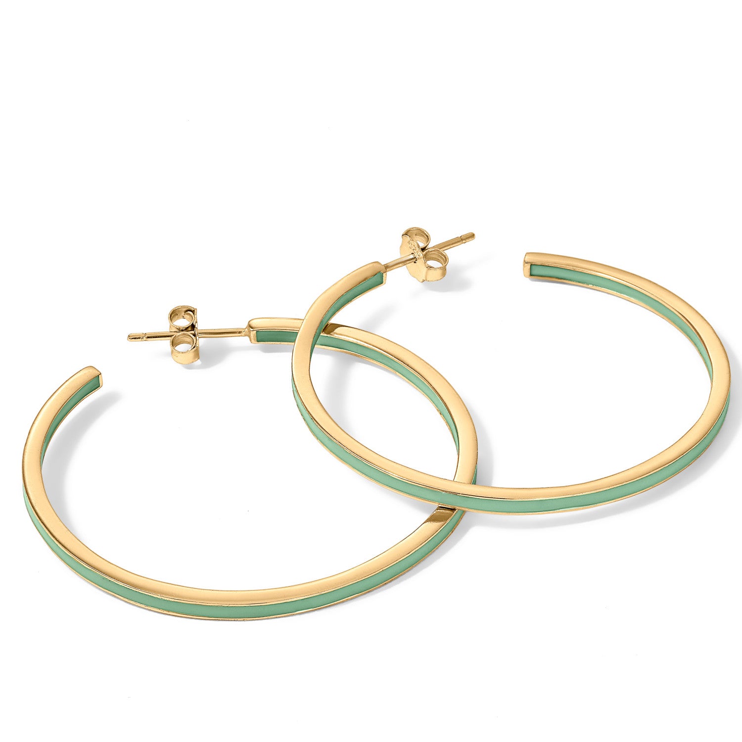 Large silver hoop earrings with mint-tone enamel design, gold-plated
