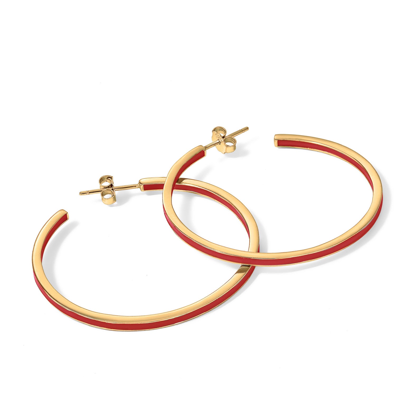 Pendientes aros grandes diseño esmalte tono rojo bañados en oro