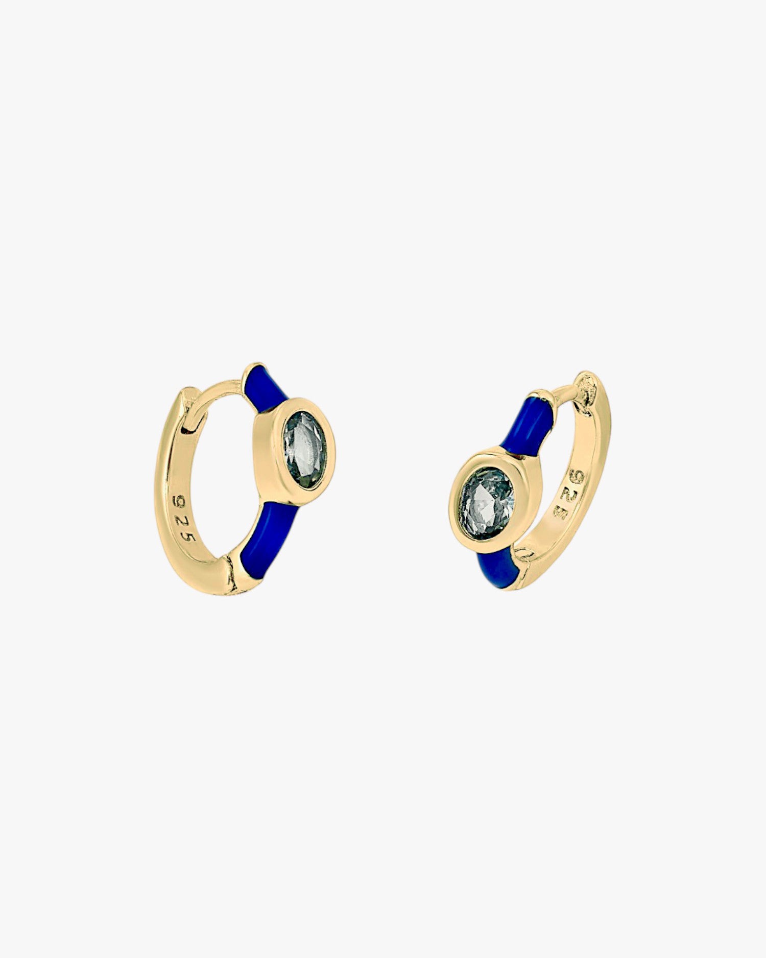 Pendientes aros pequeños diseño cuarzo adamantino central y esmalte azul