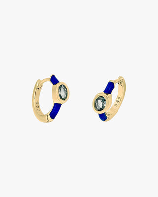 Petites boucles d'oreilles créoles ornées d'un quartz adamantine central et d'émail bleu