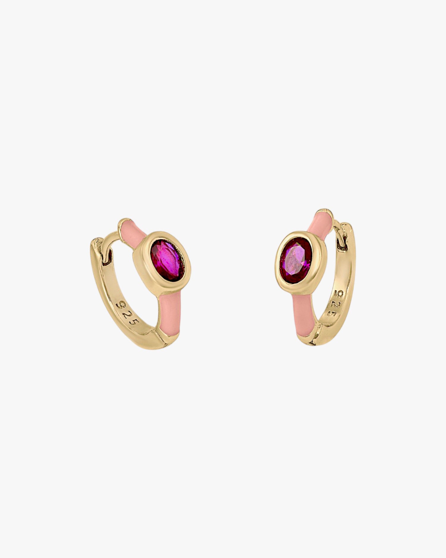 Pendientes aros pequeños diseño cuarzo adamantino central y esmalte rosa