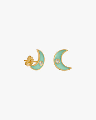 Petites boucles d'oreilles en argent ornées d'un motif de lune et d'une finition émaillée menthe.