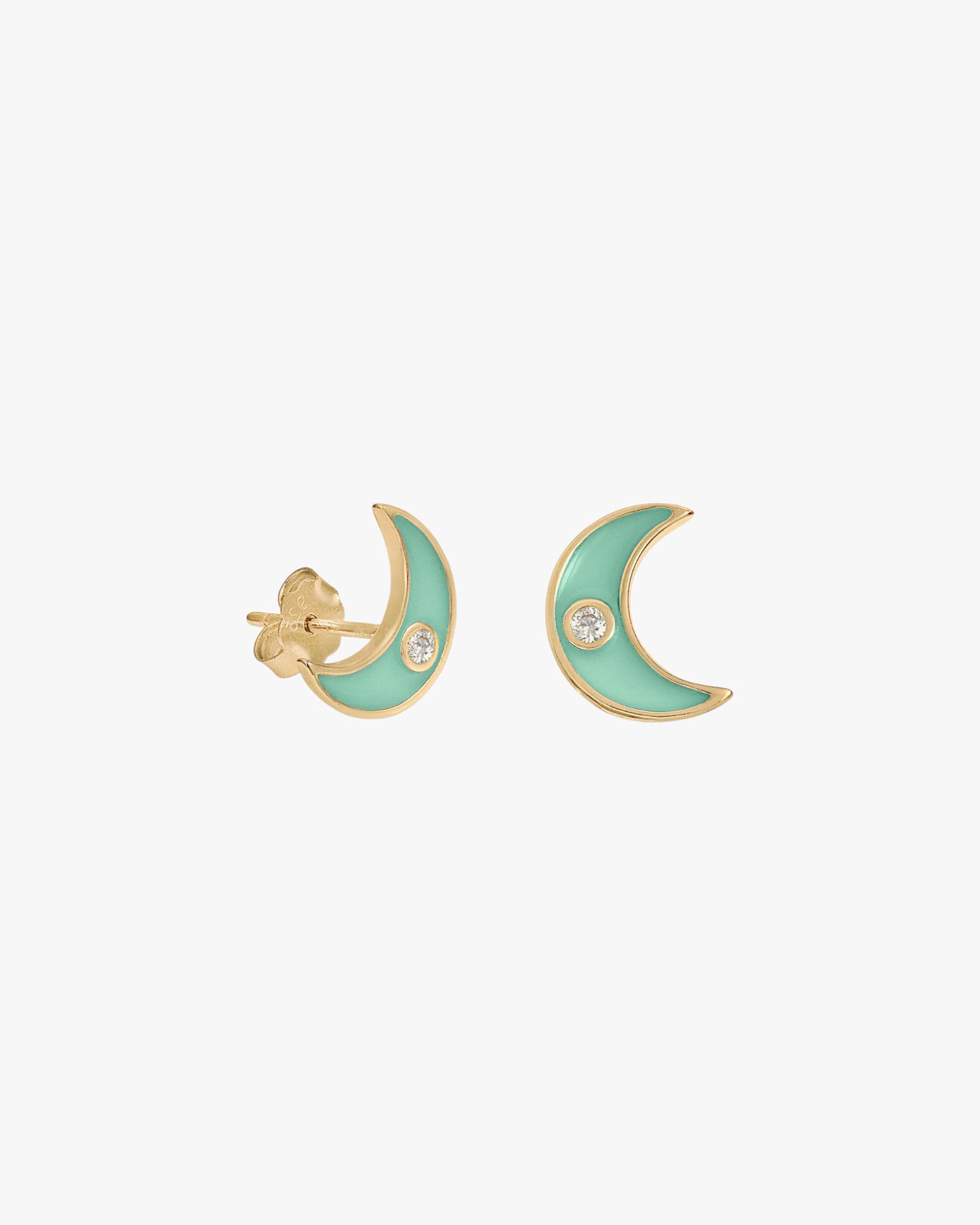 Pendientes pequeños en plata diseño luna esmalte menta