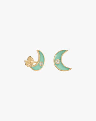 Petites boucles d'oreilles en argent ornées d'un motif de lune et d'une finition émaillée menthe.