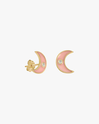 Petites boucles d'oreilles en argent ornées d'un motif de lune et d'émail rose