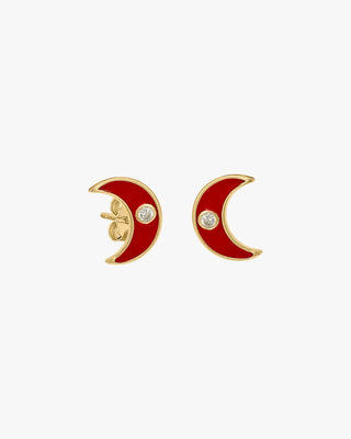 Petites boucles d'oreilles en argent ornées d'un motif de lune et d'émail rouge