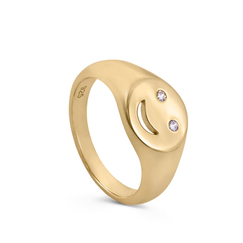 Bague chevalière en forme de sourire avec zircon cubique et plaquage or