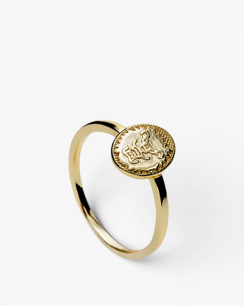 Gold-plated silver signet ring with Aztec design