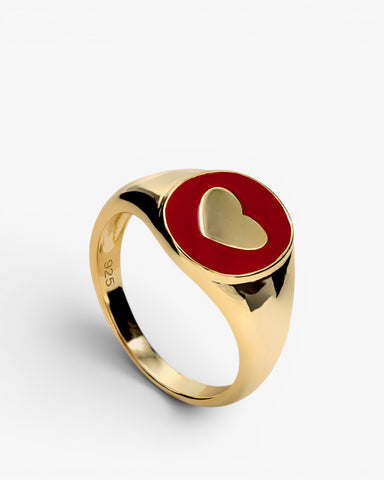 Anillo sello diseño de corazón y esmalte rojo