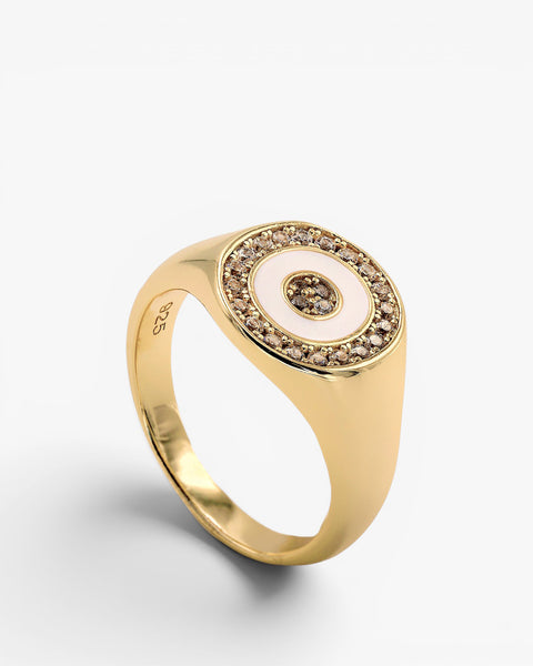 Anillo sello diseño circular esmalte blanco con circonitas