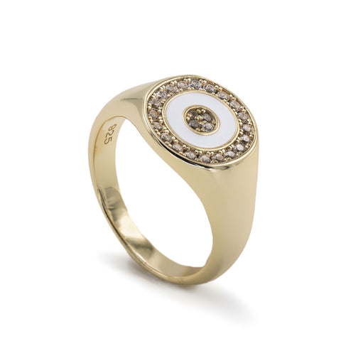 Anillo sello diseño circular esmalte blanco con circonitas