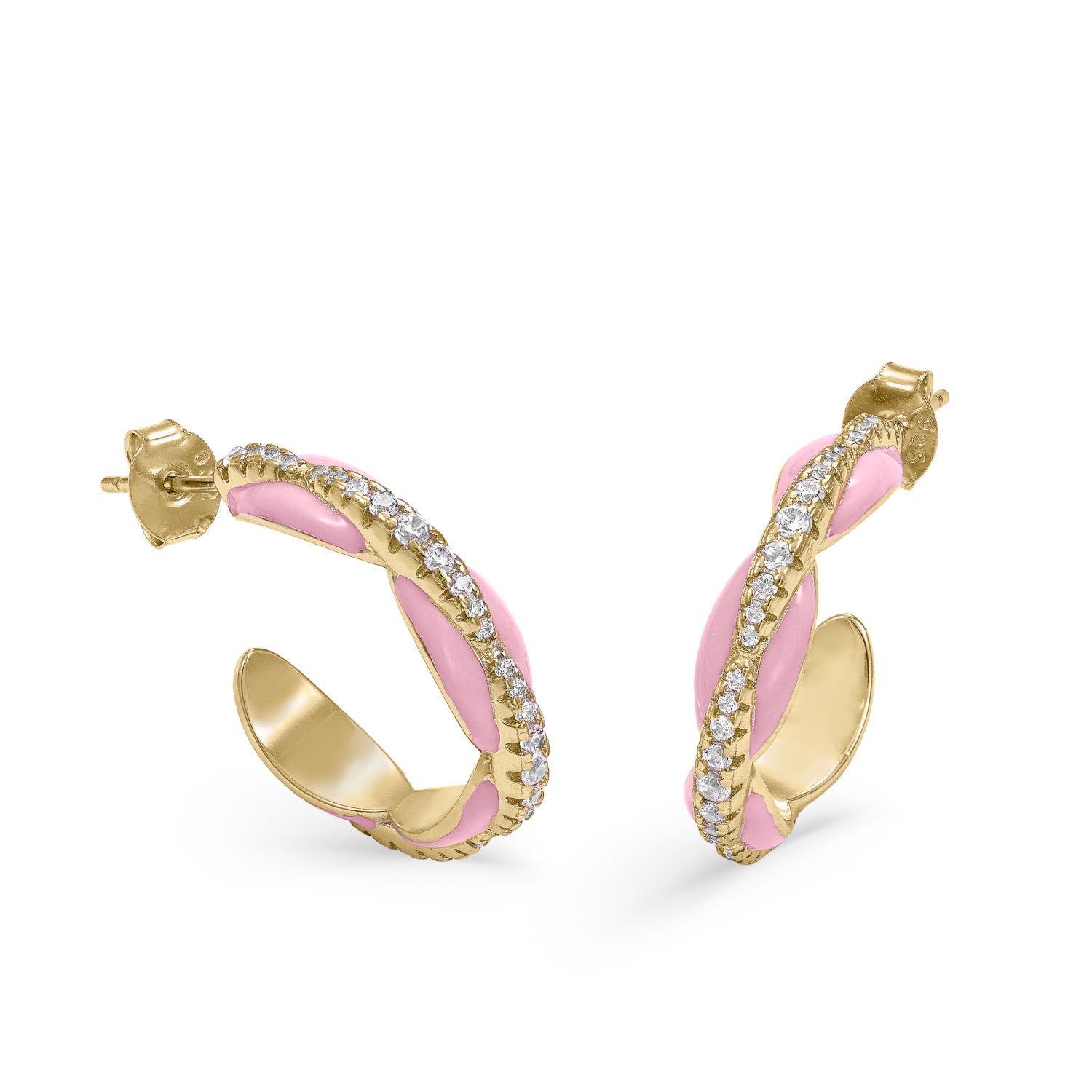 Pendientes aros diseño bubble esmalte rosa con circonitas