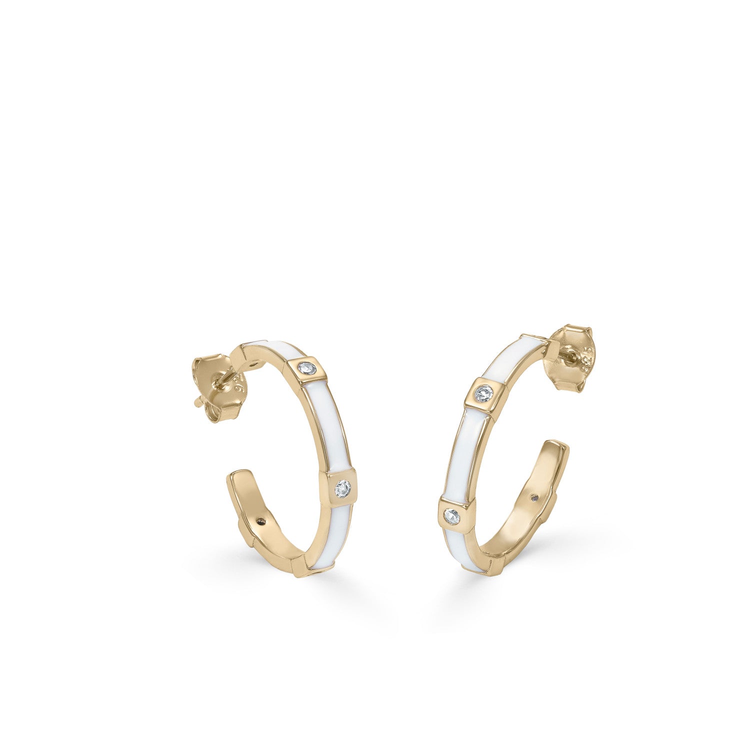 Pendientes aros pequeños diseño escalonado esmalte blanco y circonitas