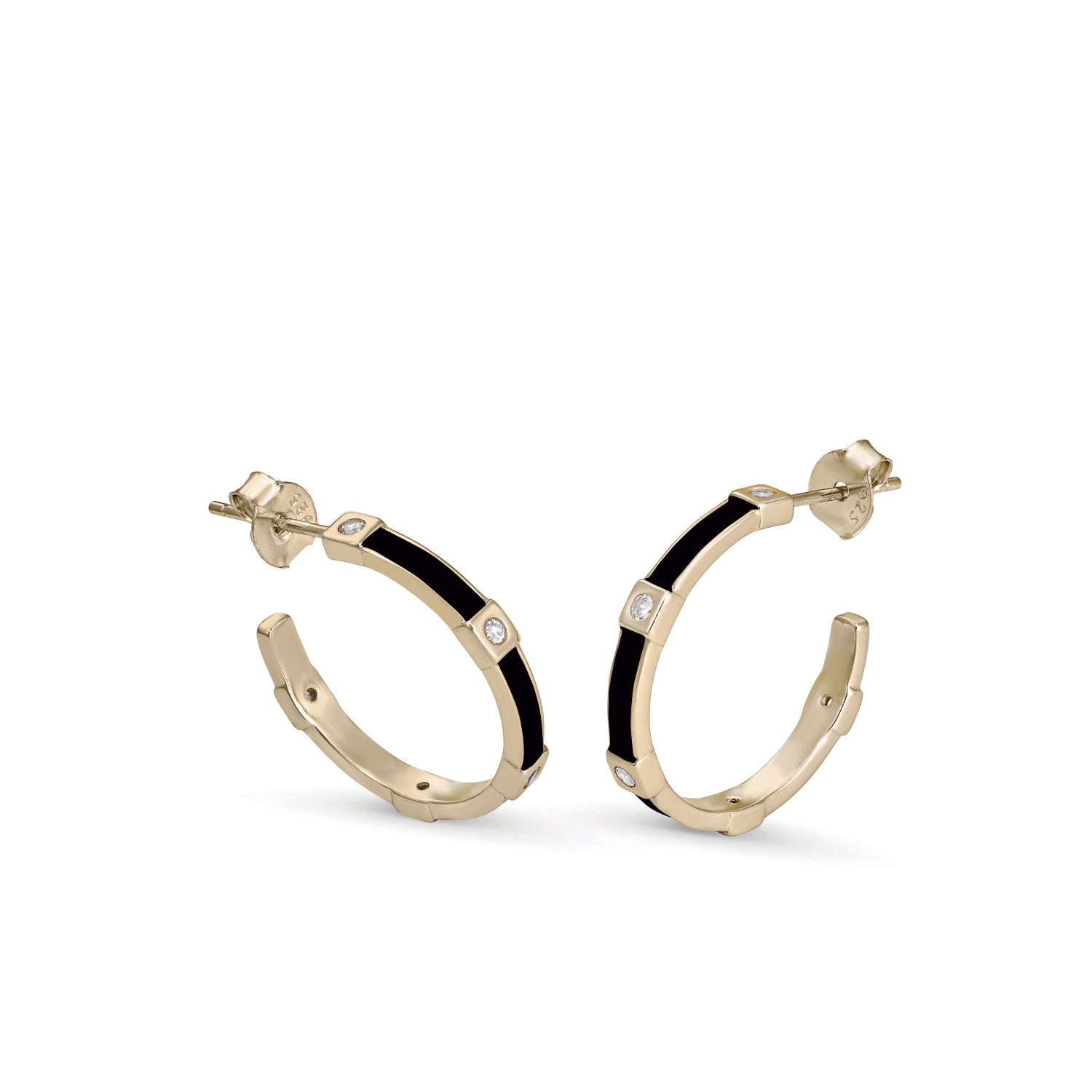 Small hoop earrings with a stepped design, black enamel and cubic zirconia