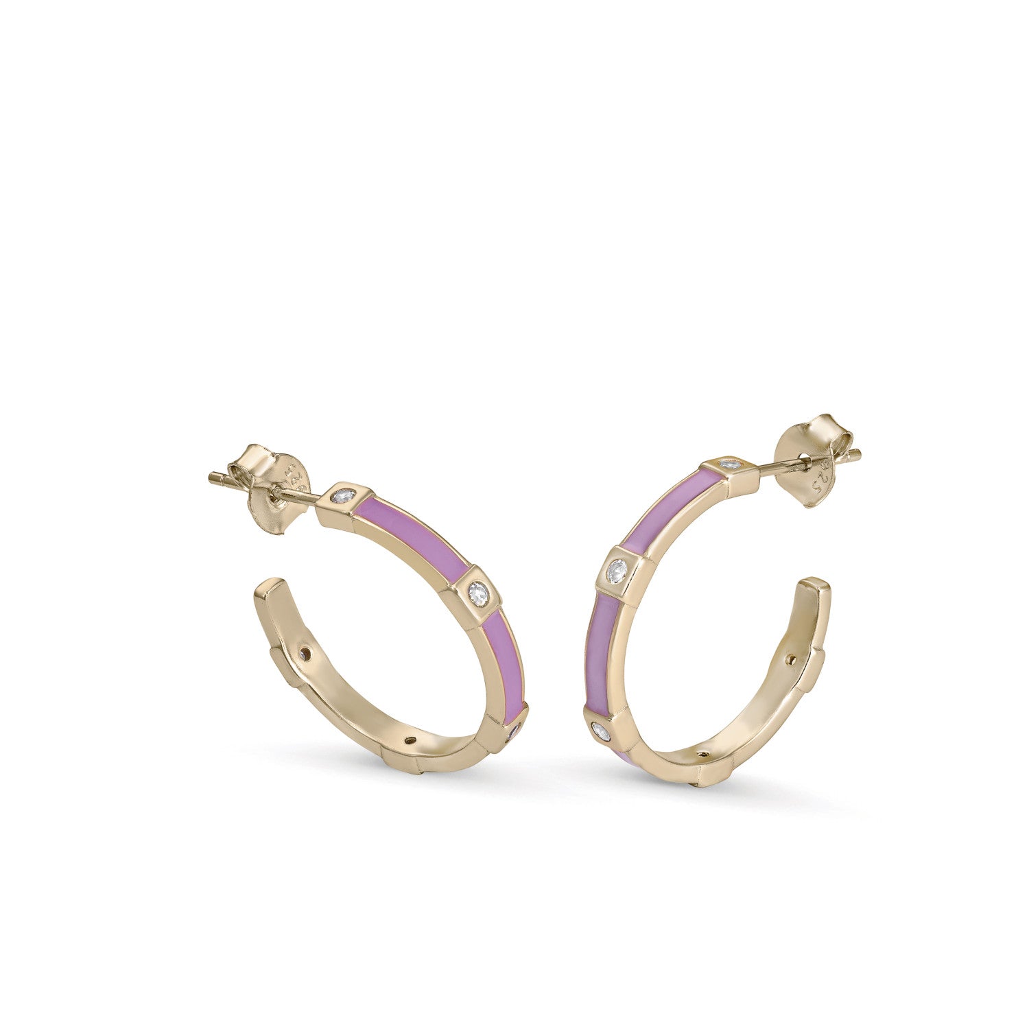 Small hoop earrings with a stepped design, lilac enamel and cubic zirconia