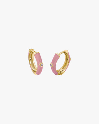 Petites boucles d'oreilles créoles, émail rose et zircon cubique central