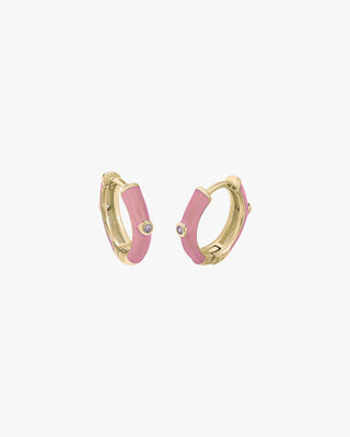 Petites boucles d'oreilles créoles, émail rose et zircon cubique central