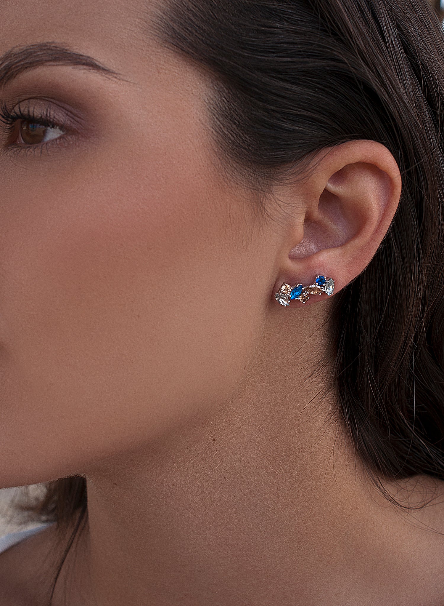 Silver climber earrings with champagne and grey stone designs