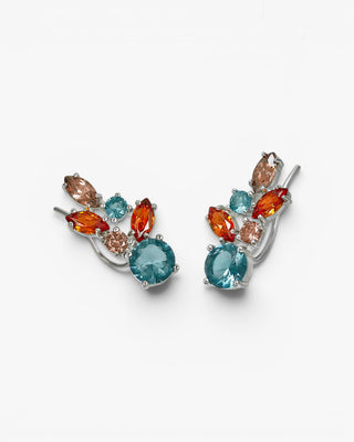 Silver climber earrings with blue leaf design
