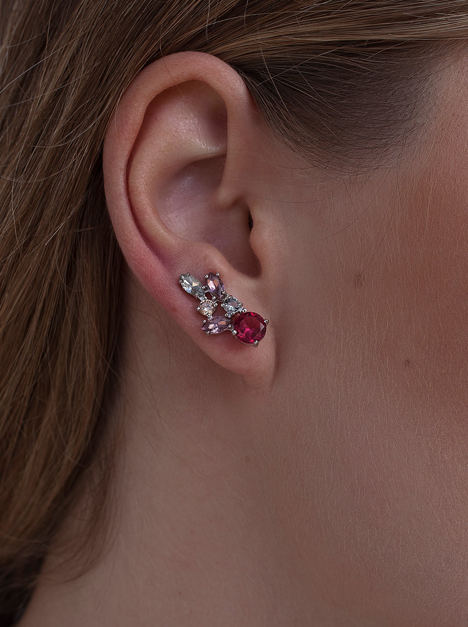 Silver climber earrings with a pink leaf design