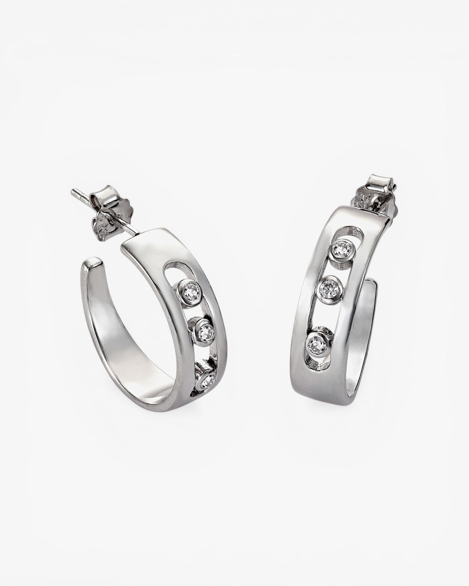 Rectangular style hoop earrings with central cubic zirconia stones