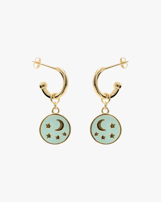 Hoop earrings with moon and star medallion design pendants