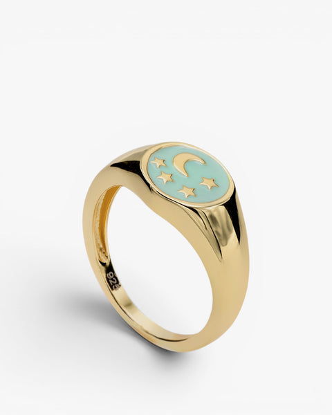 Anillo sello de plata diseño de esmalte dibujo de luna y estrellas