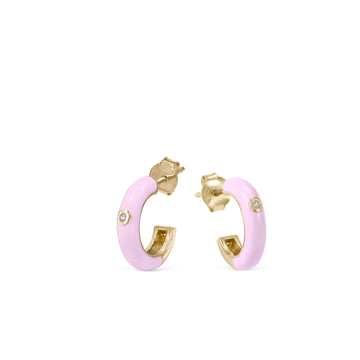 Pendientes aros pequeños diseño esmalte tono rosa y circonita central