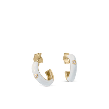 Petites boucles d'oreilles créoles, motif en émail blanc avec zircon cubique central