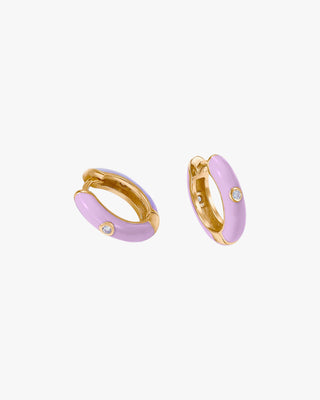 Pendientes aros pequeños diseño esmalte lila y circonita central