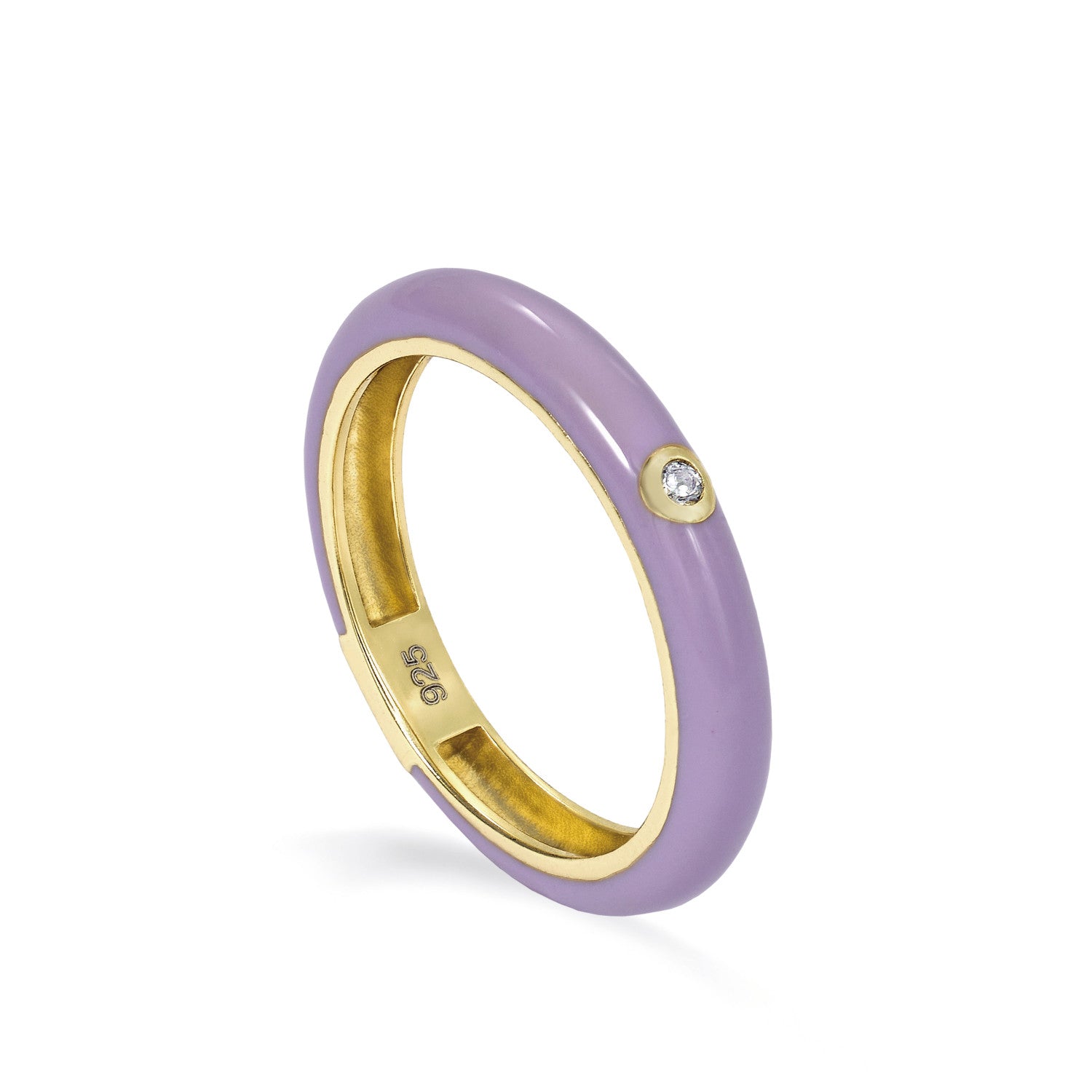 Anillo esmalte lila diseño circonita central bañado en oro