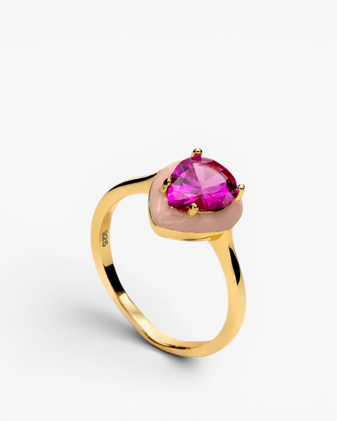Rings with teardrop-shaped stones and pink enamel