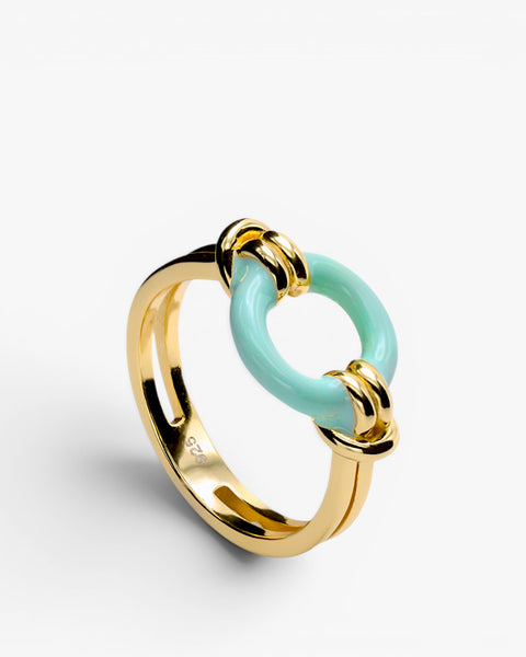 Bague en émail plaqué or avec motif de cercle bleu