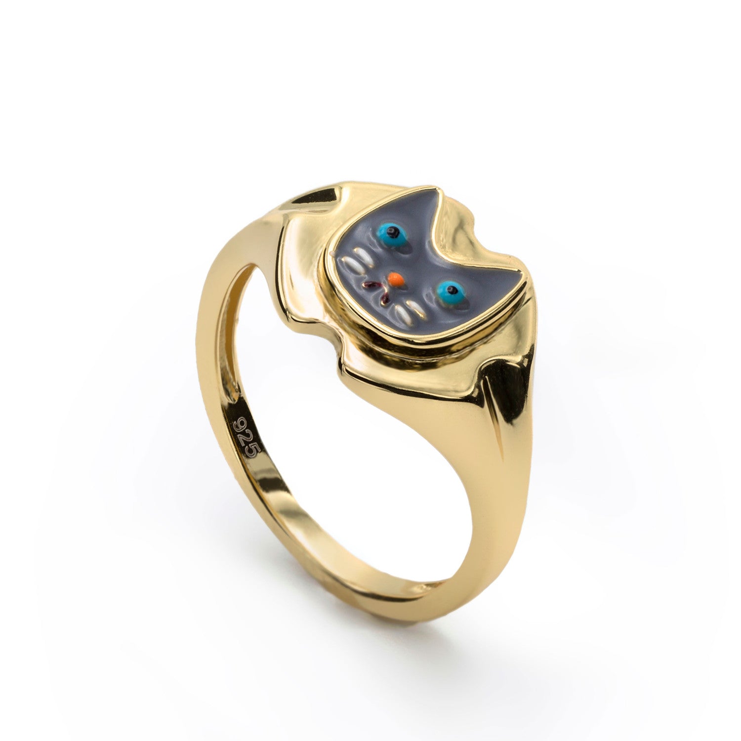 Bague chevalière émaillée ornée d'un motif de tête de chat