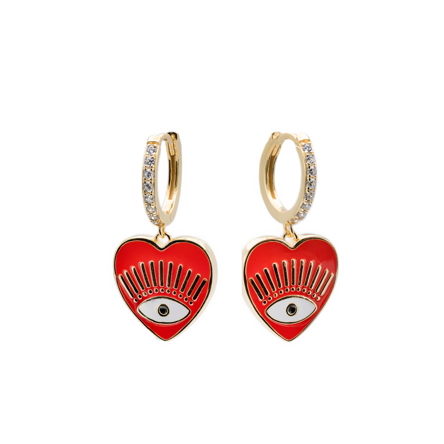 Pendientes aros con colgantes diseño corazón en esmalte rojo