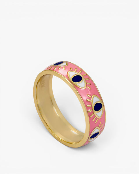 Bague en émail rose avec bordure décorée et dessin d'œil