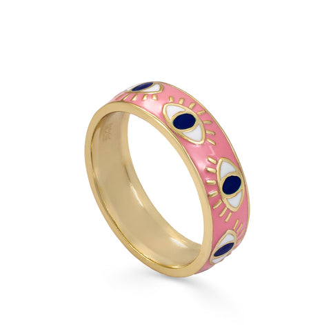 Anillo esmalte rosa diseño de cenefa con dibujo de ojo
