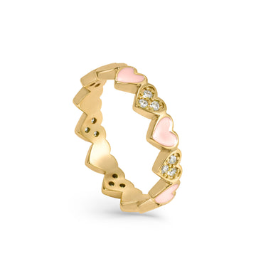 Bague en émail ornée d'un cœur aux tons roses et de zirconiums cubiques