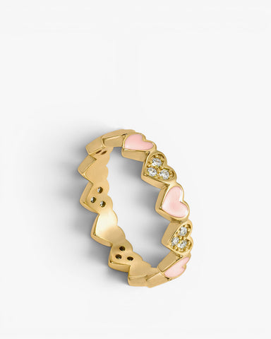 Anillo esmalte diseño de corazones en tono rosa y circonitas