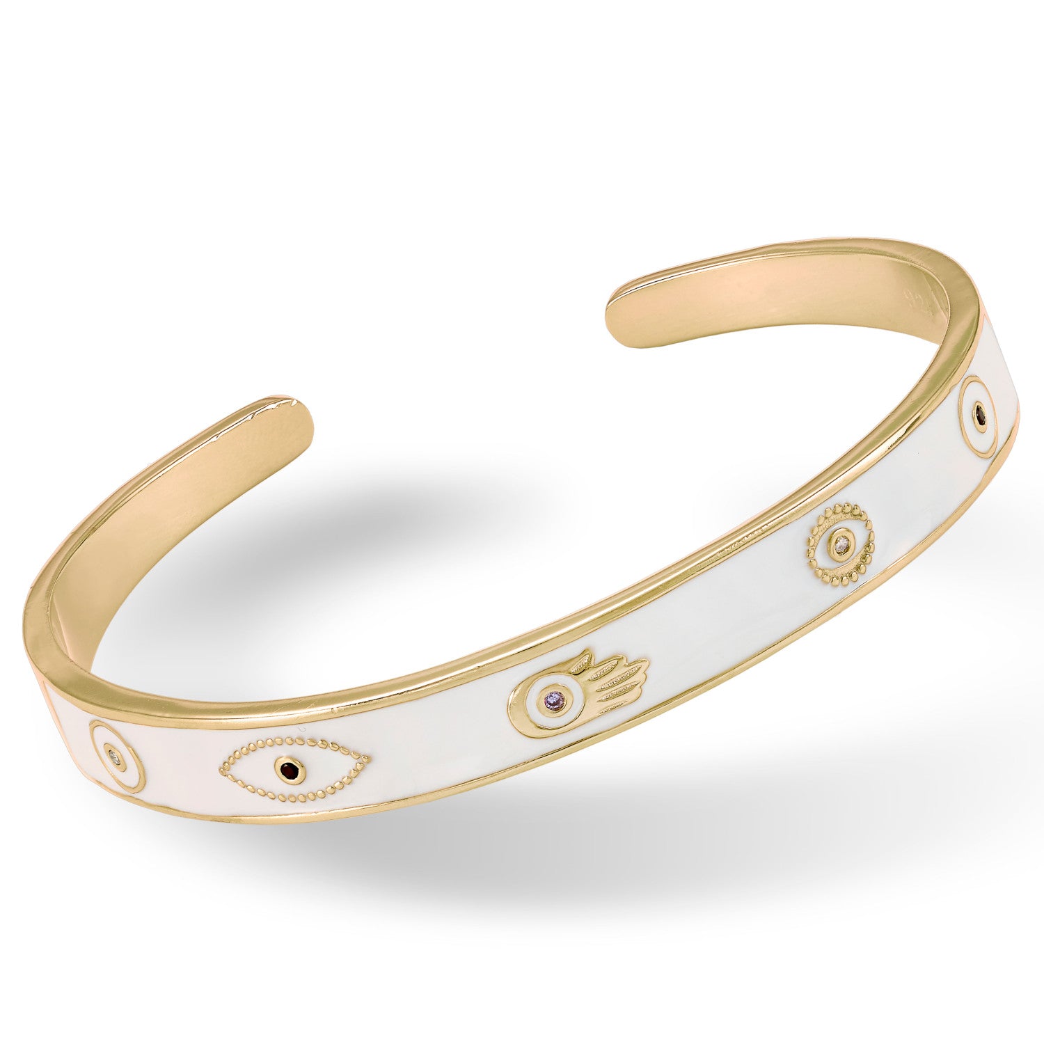 Bracelet d'esclave en émail argenté blanc, orné d'un motif représentant l'œil et la main de Fatima.