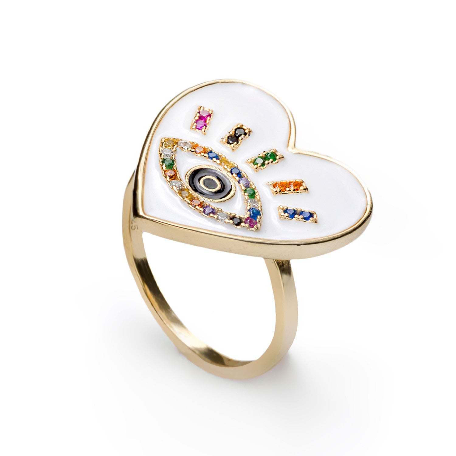 Anillo esmalte diseño de corazón y ojo de circonitas