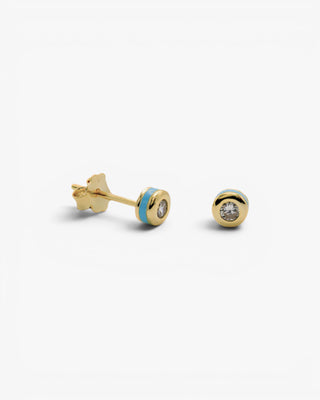 Pendientes botón diseño esmalte azul combinado con plata y circonita