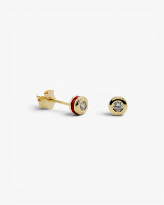 Pendientes botón diseño esmalte rojo combinado con plata y circonita