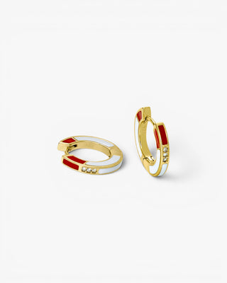 Small hoop earrings, red and white enamel design with cubic zirconia