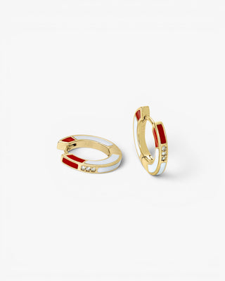 Small hoop earrings, red and white enamel design with cubic zirconia