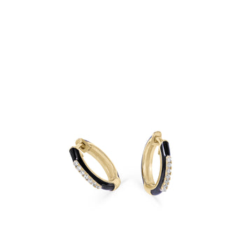 Small hoop earrings in silver and black enamel with a line of central cubic zirconia.