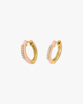 Pendientes aros pequeños esmalte rosado y línea de circonitas centrales
