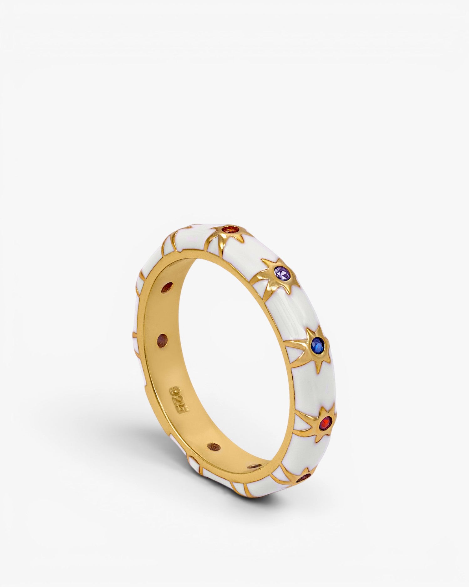 Anillo esmalte blanco diseño estrellas multicolores