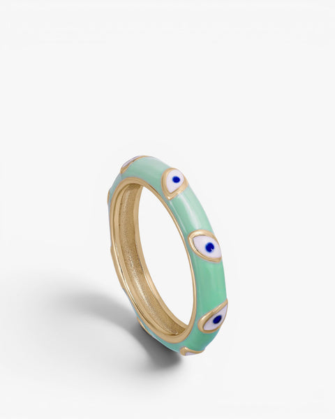 Mint green enamel ring with eye design, gold plated
