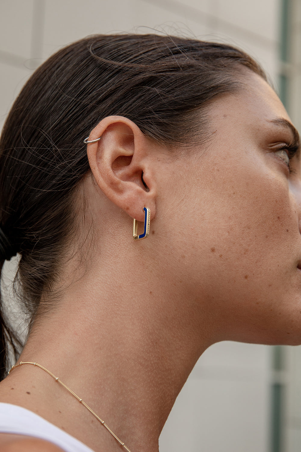 Silver enamel hoop earrings, electric blue square design